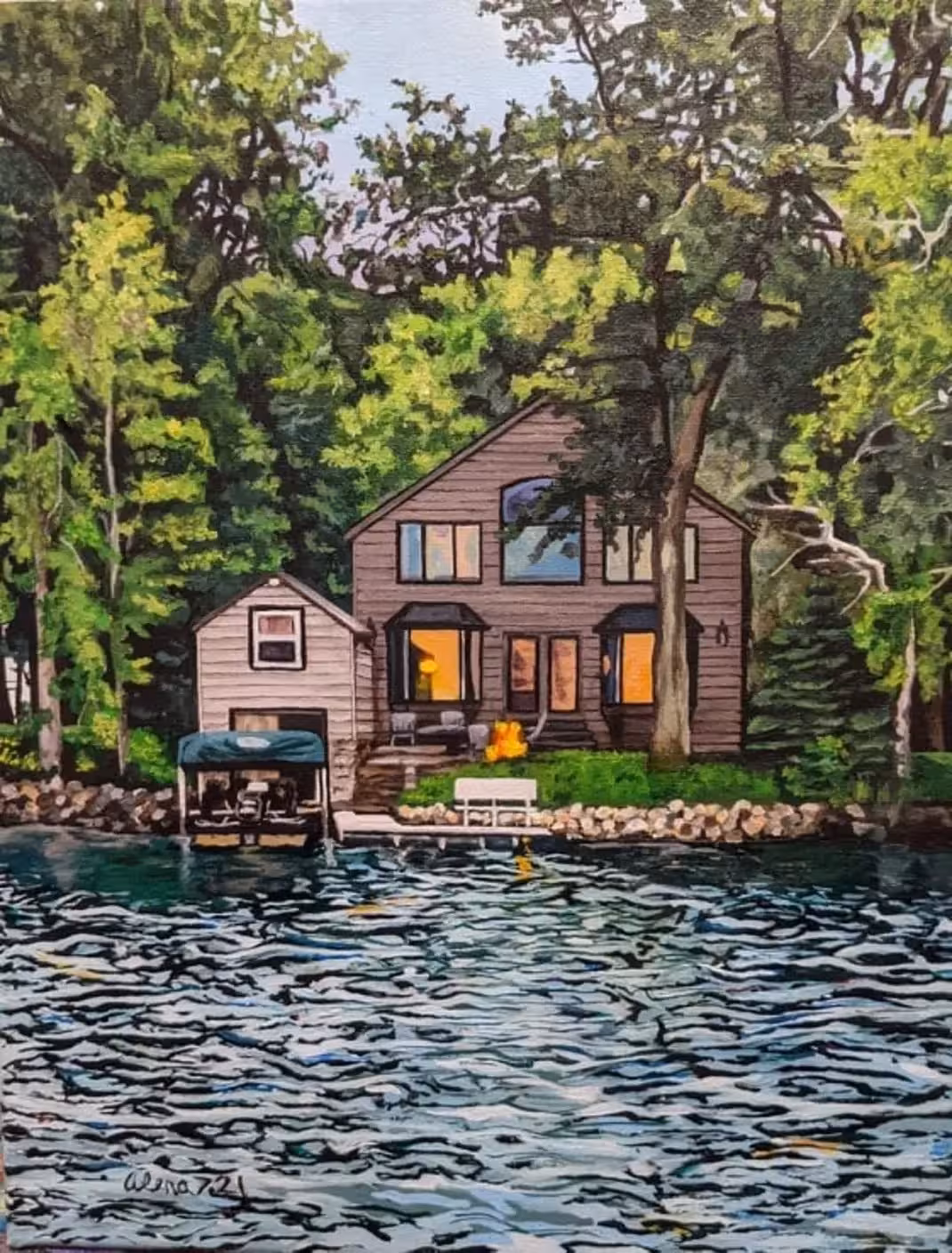 painting of a cabin in the woods, which is sitting on the shore of a bed of water